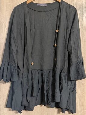 Grey Violet 100% Italian Made Linen Boho Ruffle Open-Front Cardigan